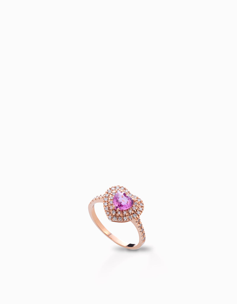 anello cuore in oro rosa con diamanti e zaffiro rosa