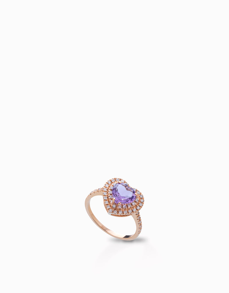 anello cuore in oro rosa con diamanti e pietra ametista