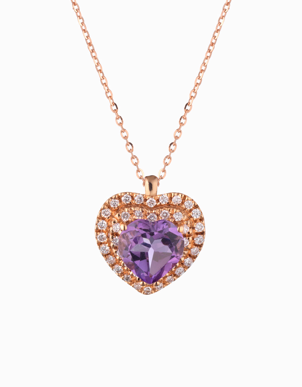 ciondolo cuore in oro rosa con diamanti e pietra ametista