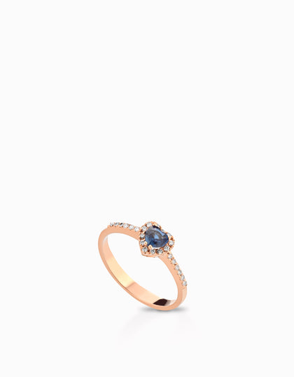 ANELLO CUORE IN ORO ROSA CON DIAMANTI E ZAFFIRO