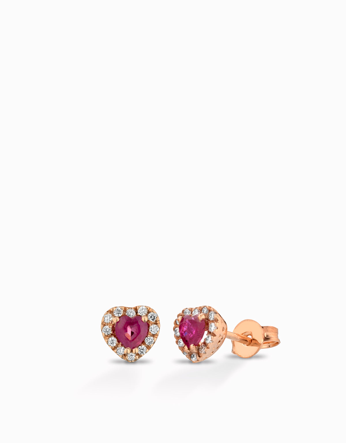 ORECCHINI A CUORE IN ORO ROSA CON DIAMANTI E RUBINI