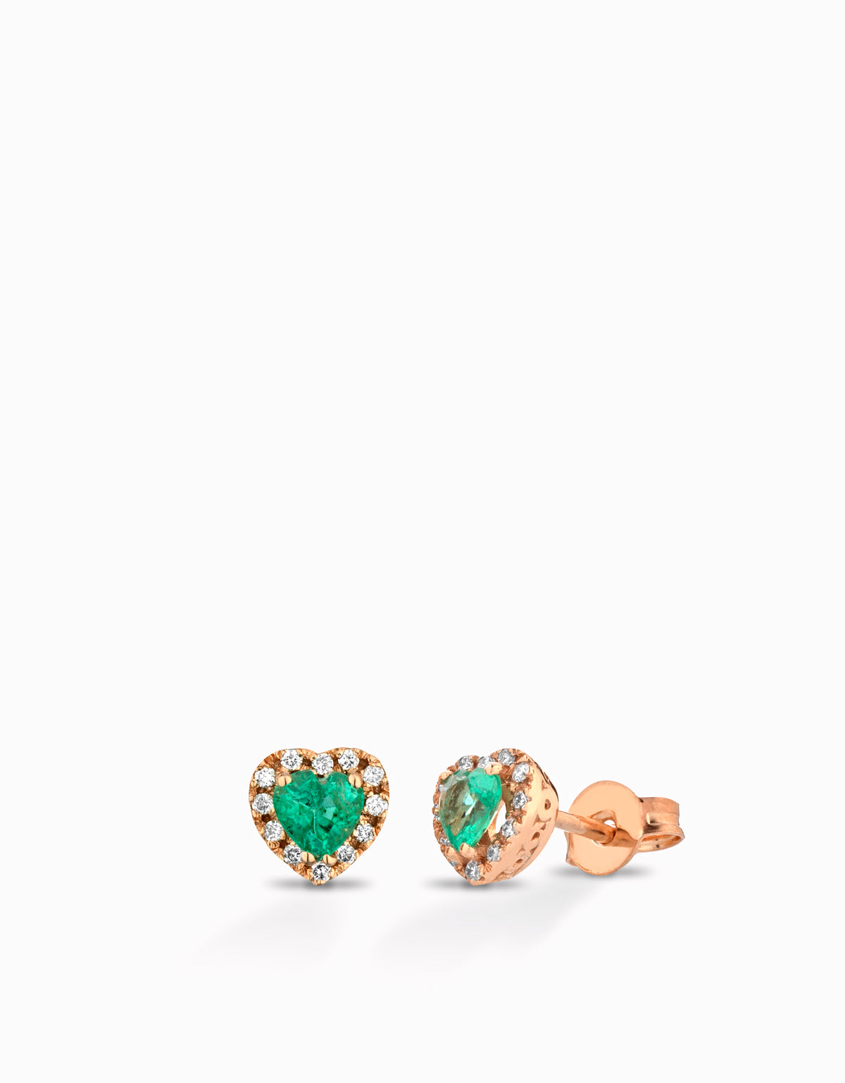 ORECCHINI A CUORE IN ORO ROSA CON DIAMANTI E SMERALDI