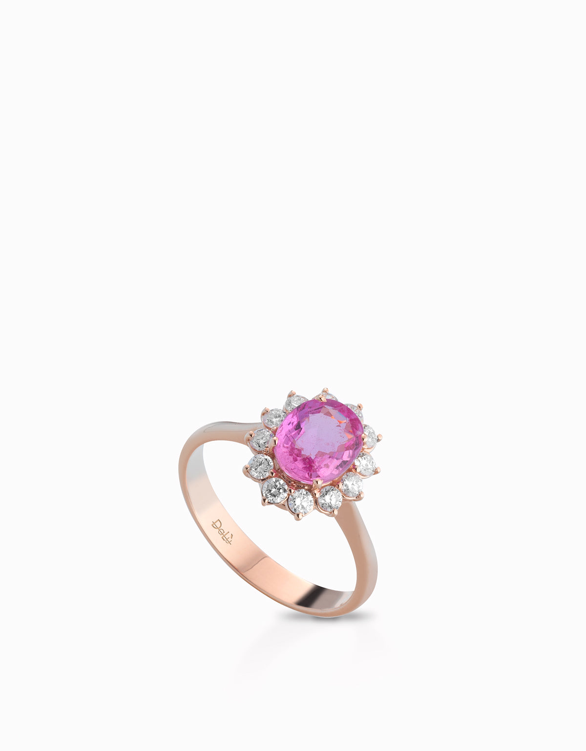 ANELLO IN ORO ROSA CON DIAMANTI E PIETRA CENTRALE ZAFFIRO ROSA