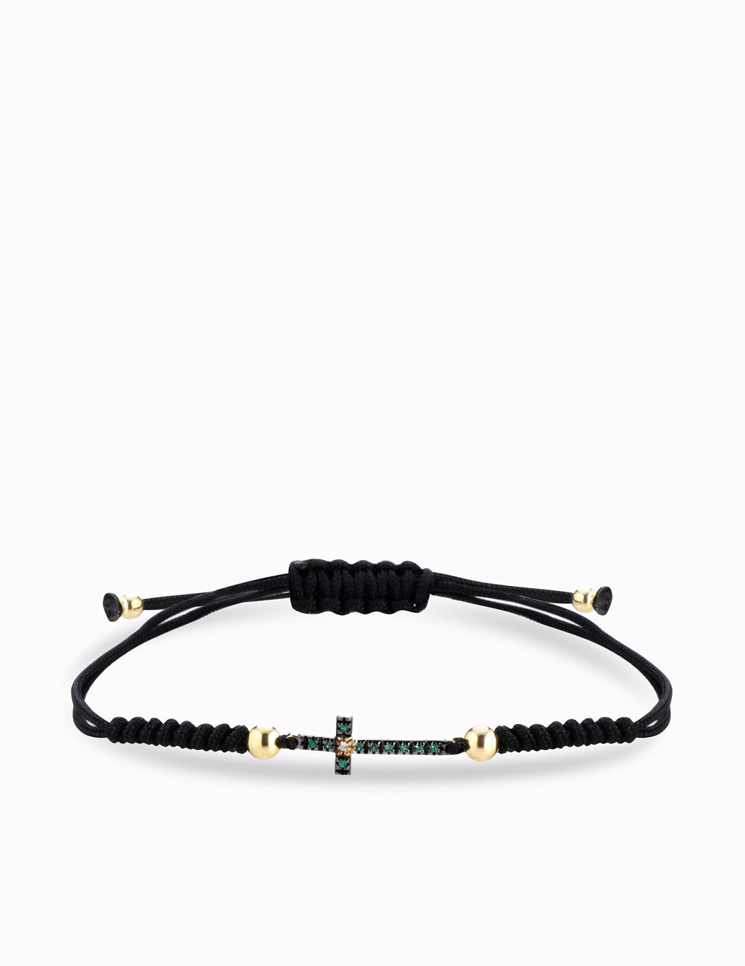 bracciale con laccio sfere in oro e croce centrale con diamanti e  smeraldi