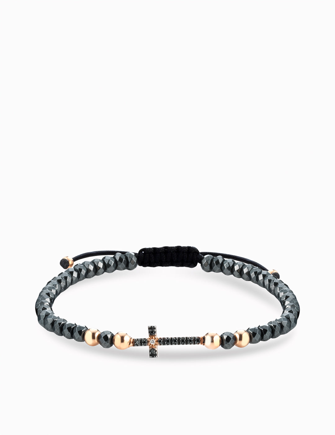 bracciale ematite con sfere in oro rosa croce centrale con diamanti bianchi e neri