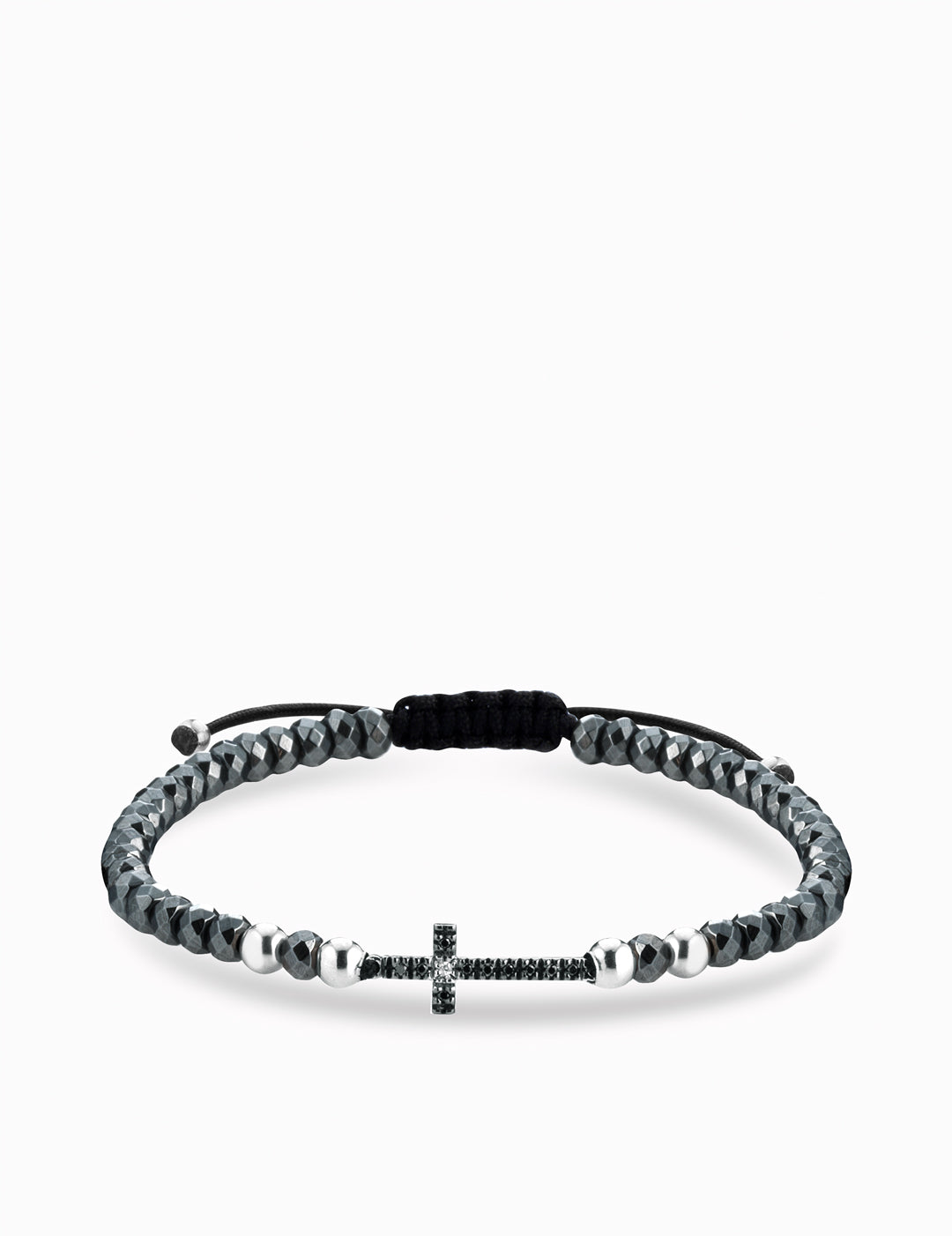 bracciale ematite con sfere in oro bianco croce centrale con diamanti bianchi e diamanti neri