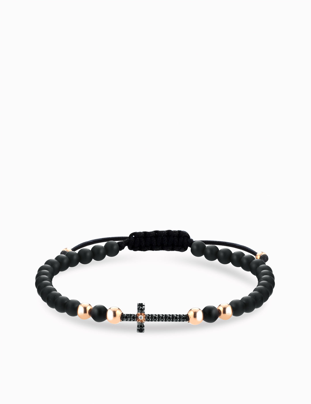 bracciale onice con sfere in oro rosa croce centrale con diamanti bianchi e diamanti neri