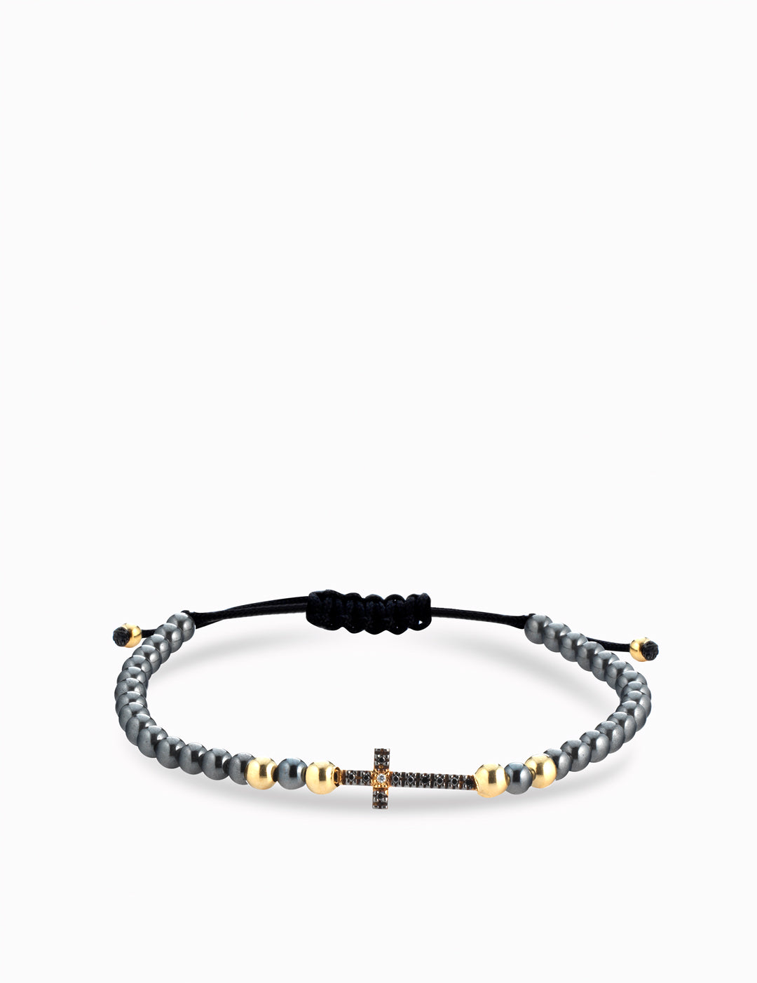 bracciale ematite con sfere in oro giallo croce centrale con diamanti bianchi e diamanti neri