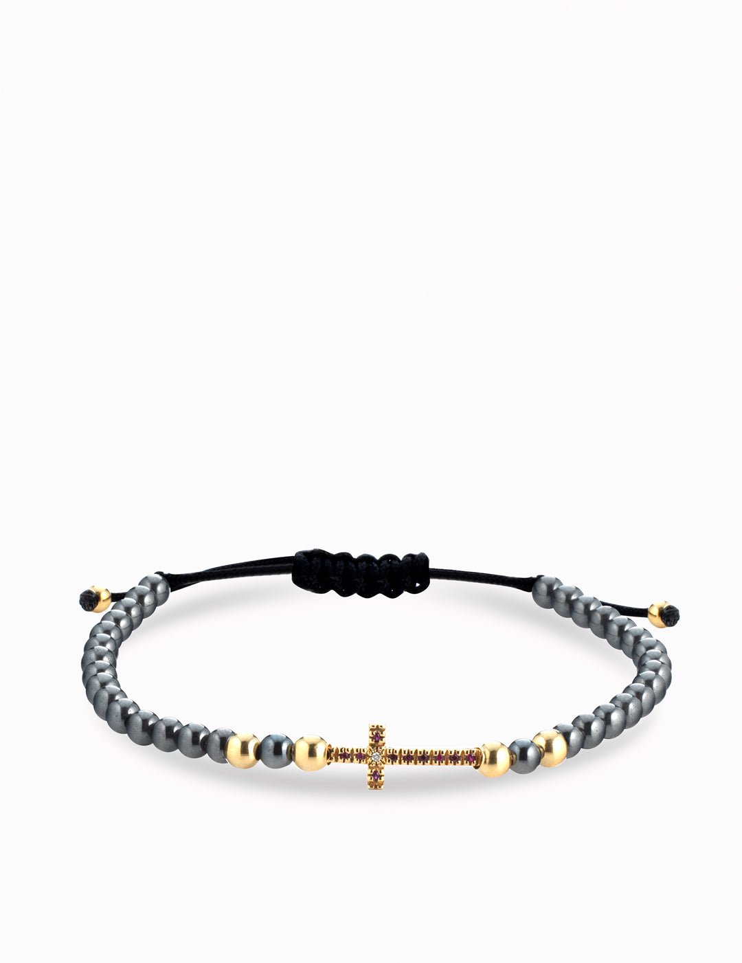 bracciale ematite con sfere in oro giallo croce centrale con diamanti e rubini