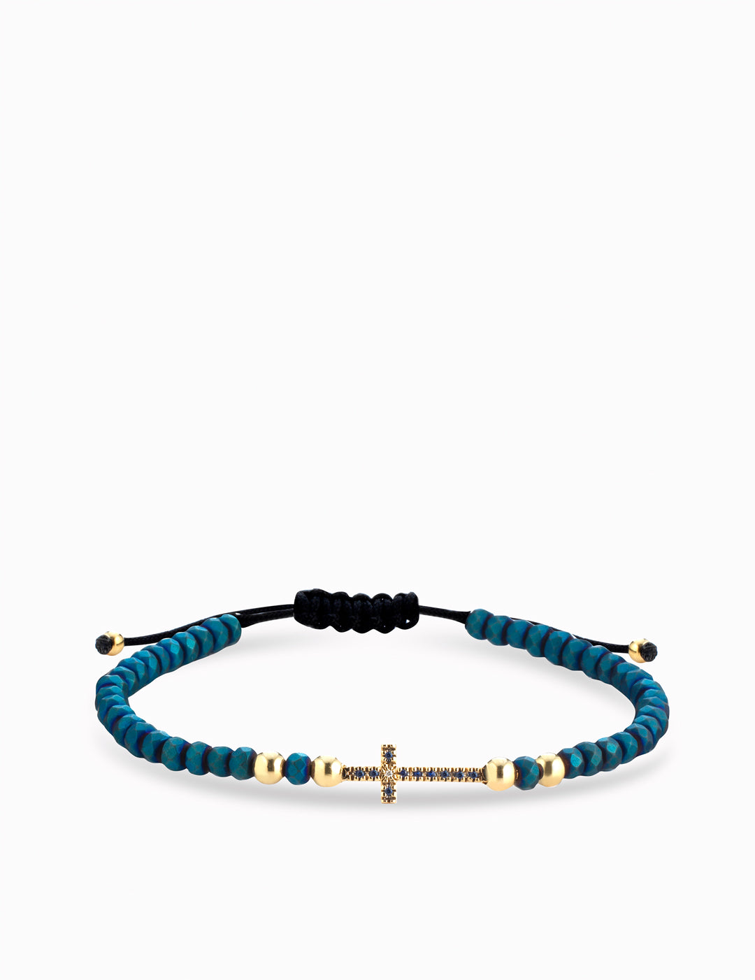bracciale ematite blu con sfere in oro giallo croce centrale con diamanti e zaffiri