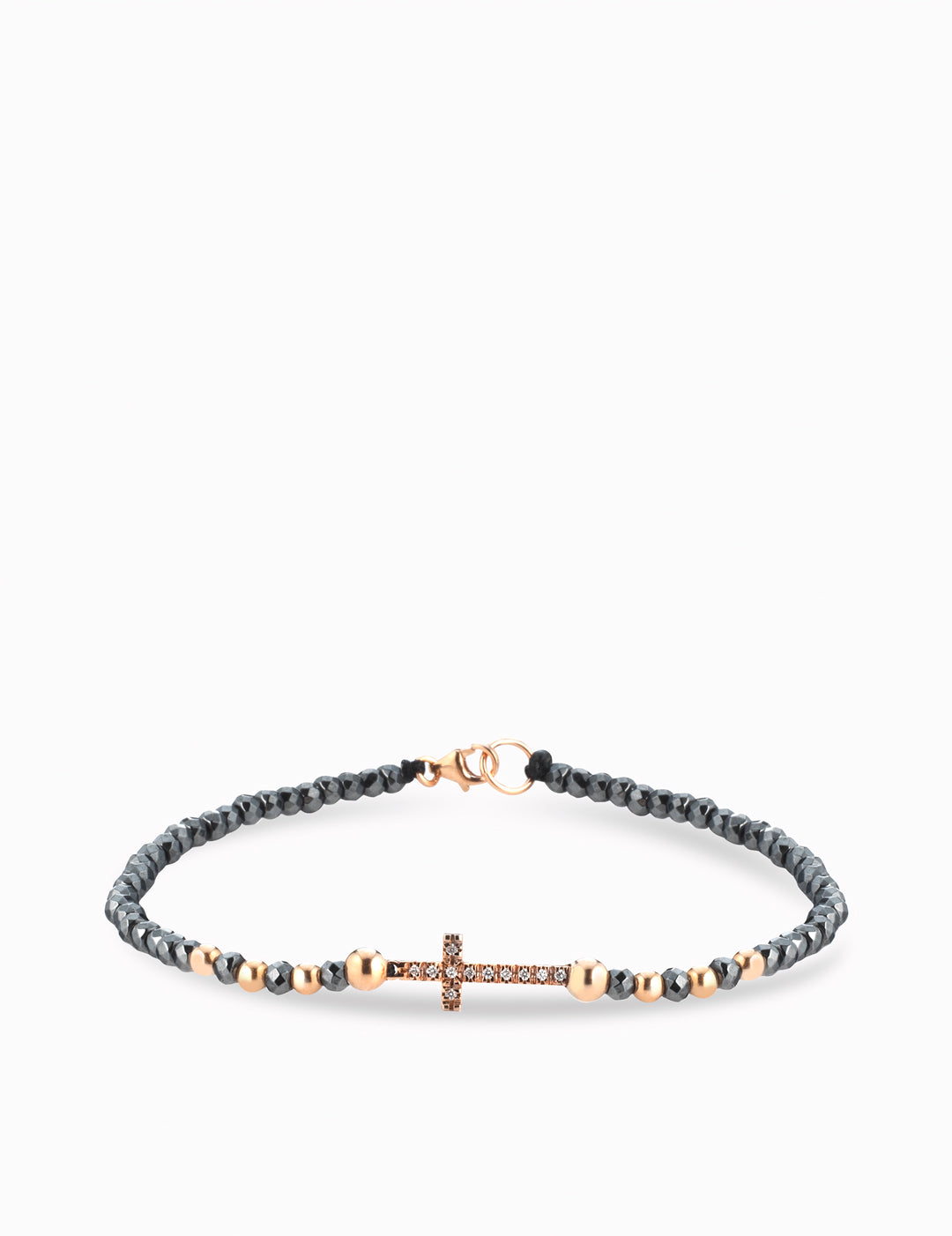 bracciale ematite con sfere in oro rosa croce centrale con diamanti e chiusura