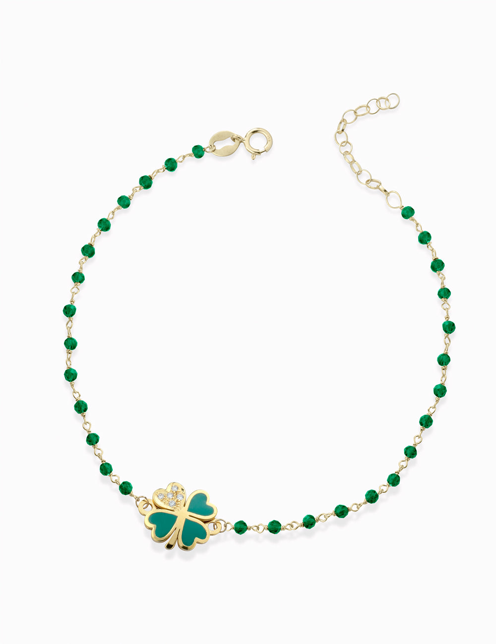 Bracciale catena pallinata in oro giallo con quadrifoglio smaltata e diamanti