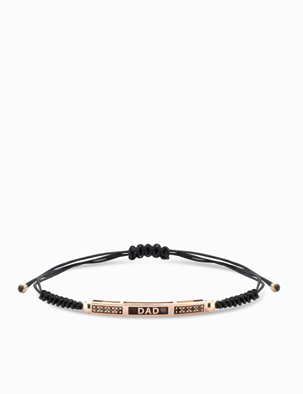 bracciale in oro 9kt con targa, laccio e diamanti neri