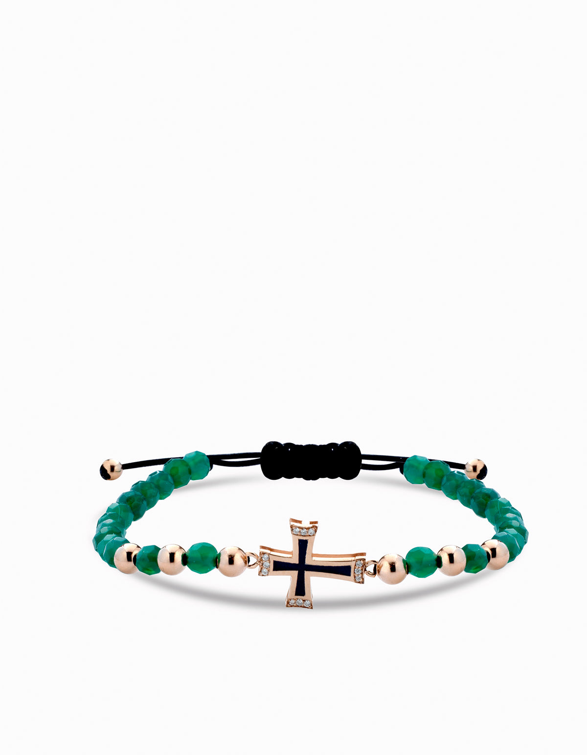 bracciale con croce in oro rosa smaltata verde e diamanti con ematite verde