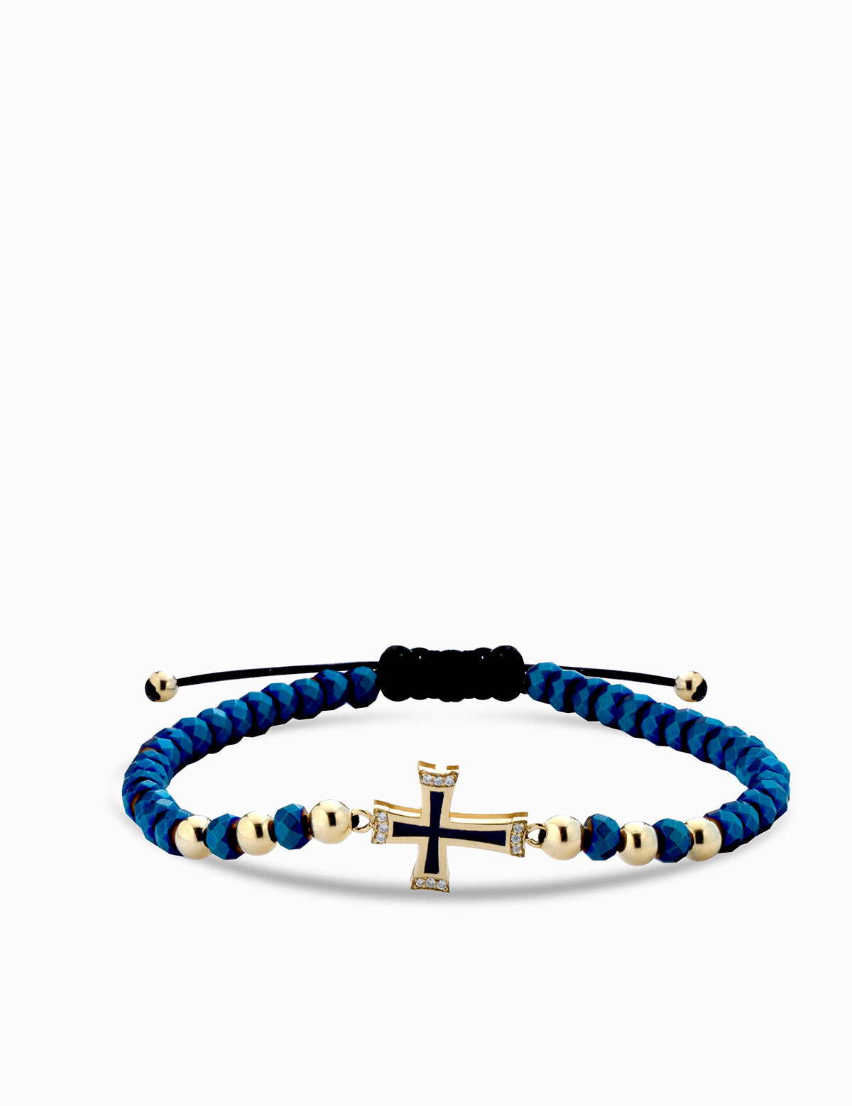 bracciale con croce in oro giallo smaltata blu e diamanti con ematite blu