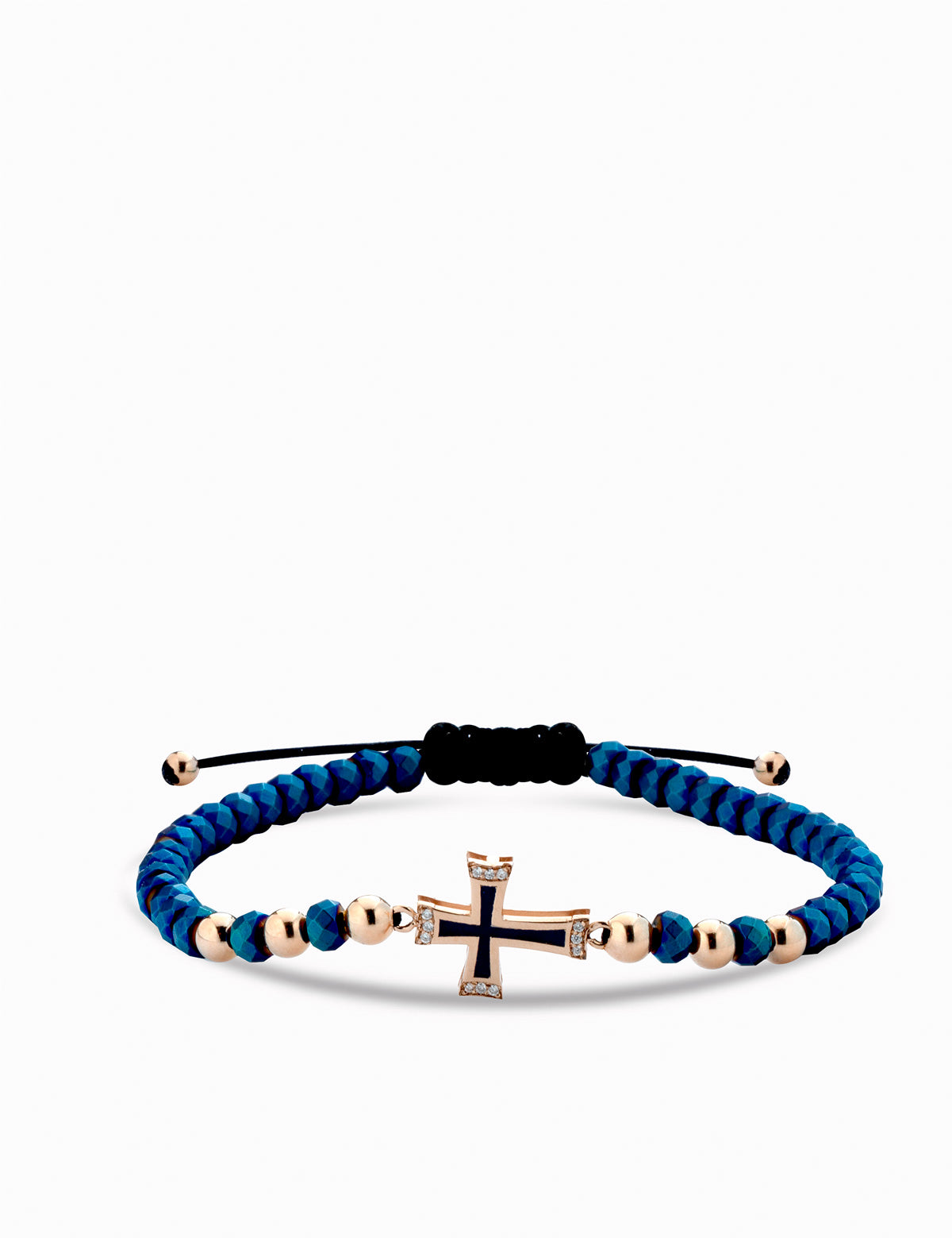 bracciale con croce in oro rosa smaltata blu e diamanti con ematite blu