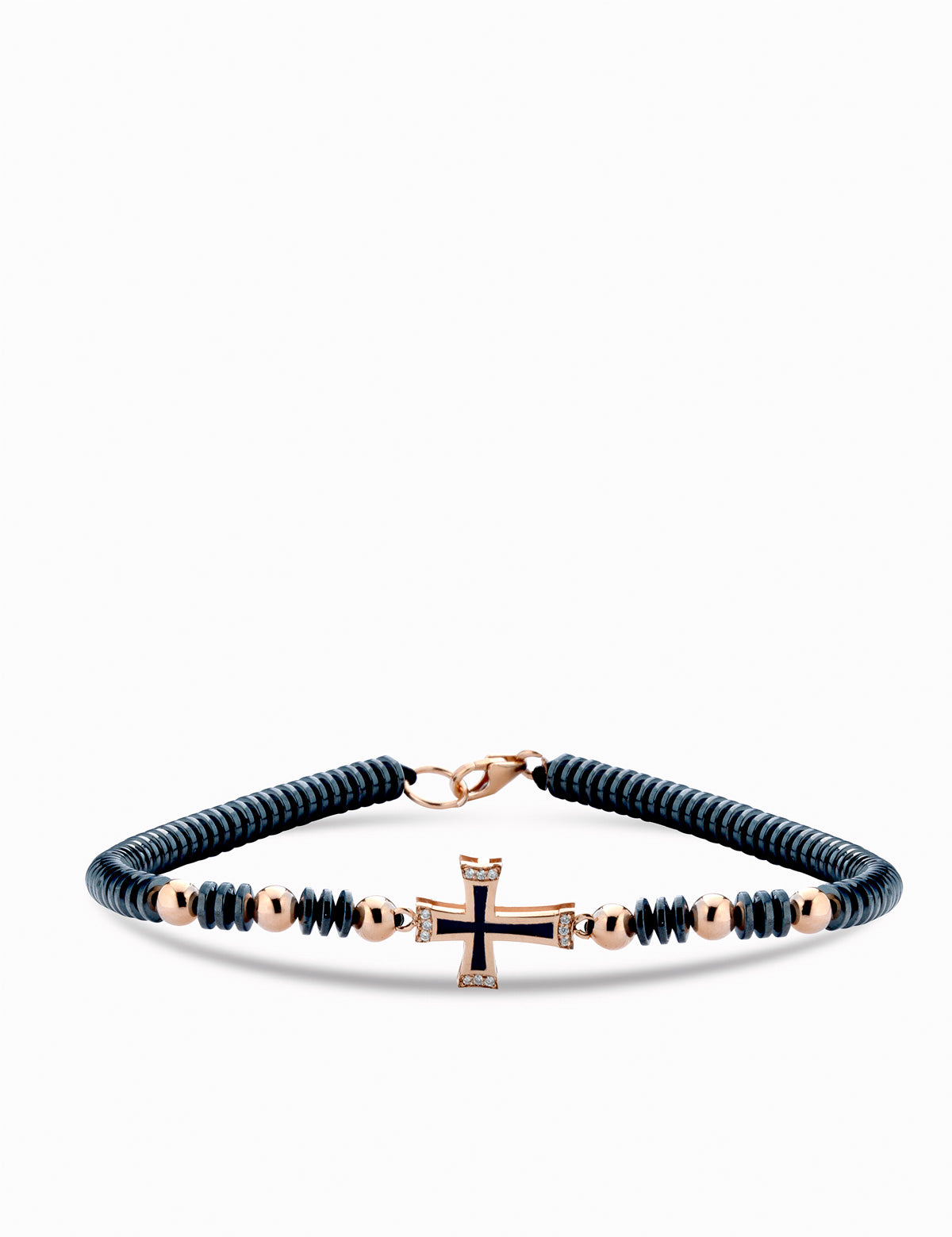 bracciale con croce in oro rosa smaltata nera e diamanti con ematite e chiusura