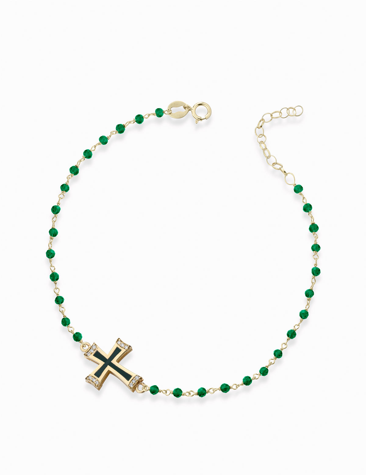bracciale in oro giallo con catena pallinata croce smaltata verde e diamanti