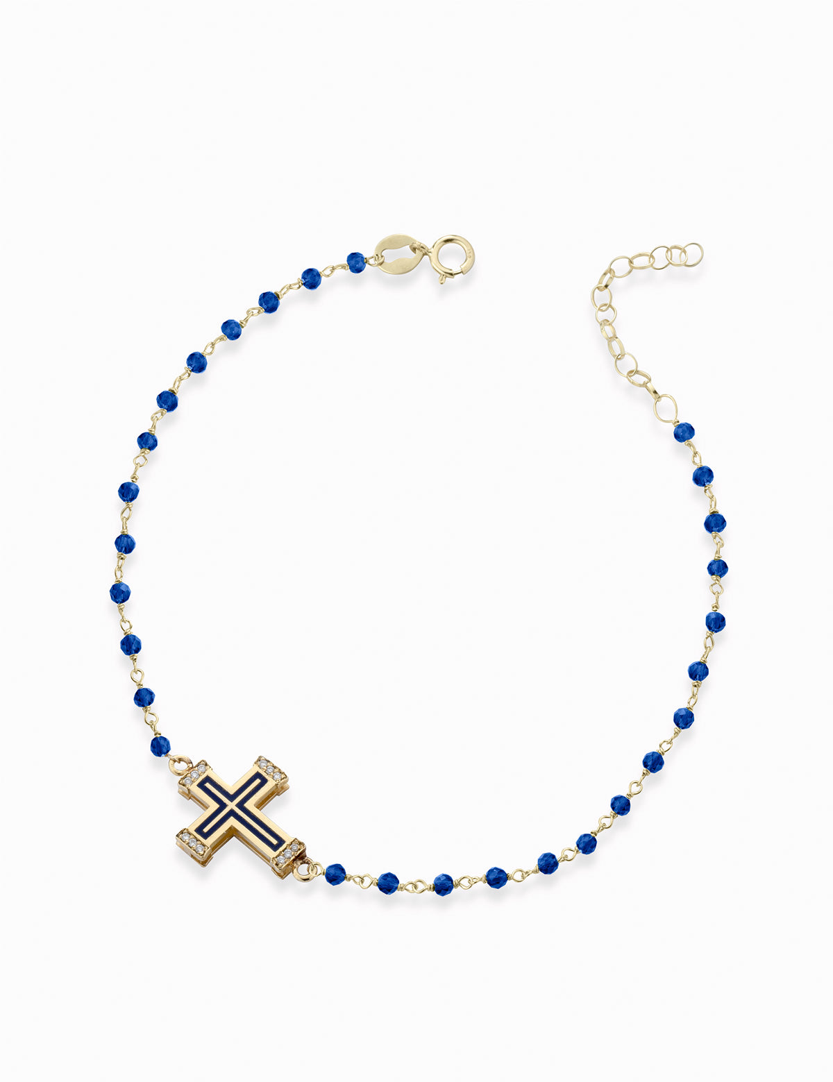 bracciale in oro giallo con catena pallinata croce smaltata blu e diamanti