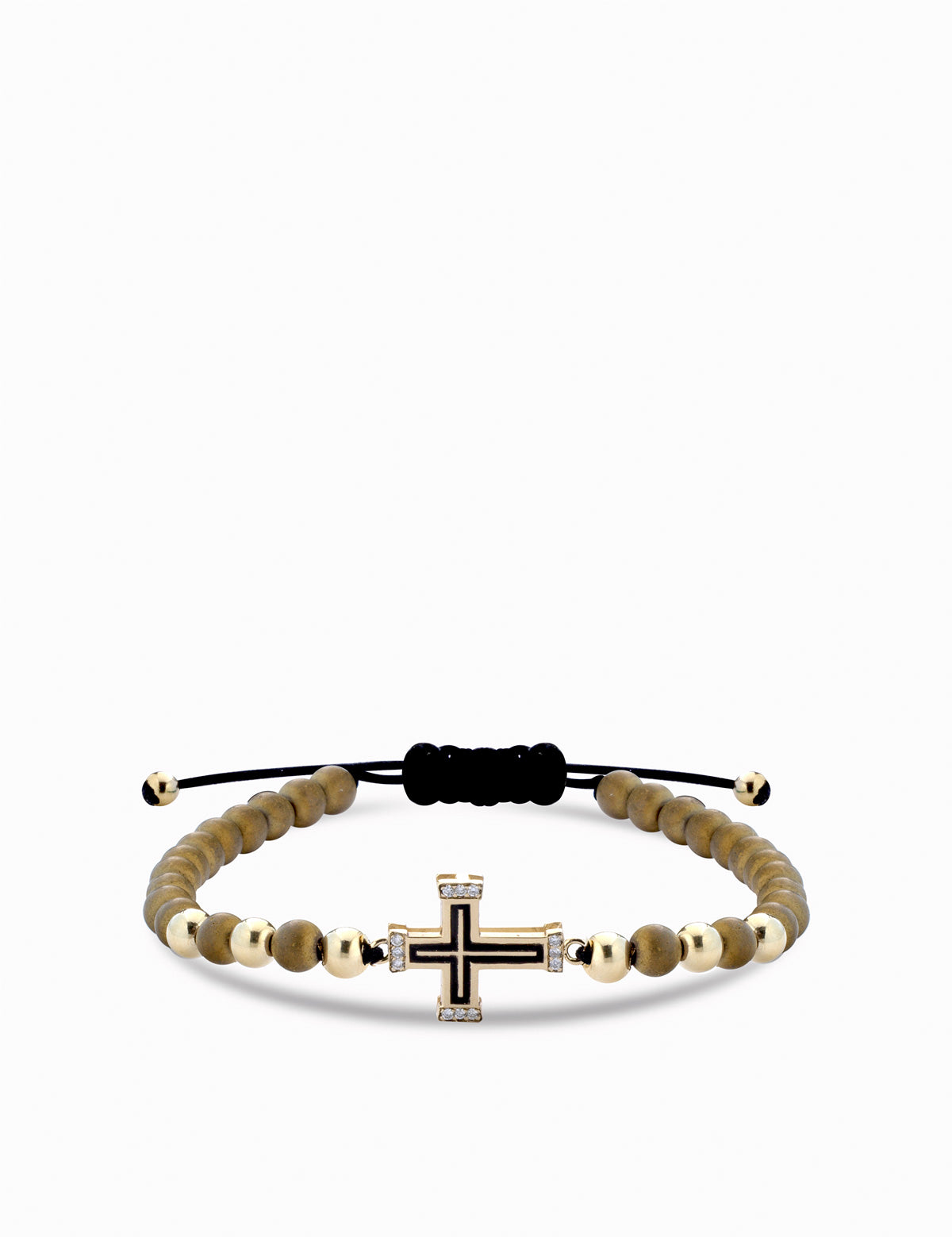 bracciale con croce in oro giallo smaltata nera e diamanti con ematite marrone