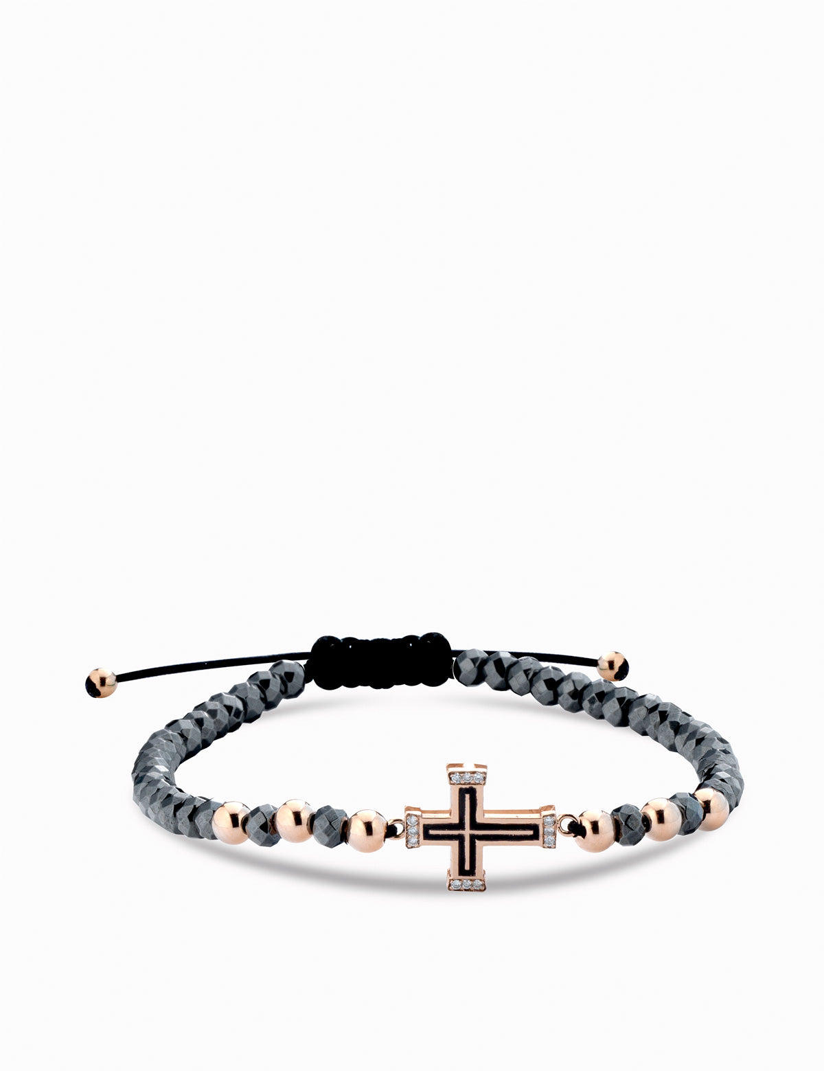 bracciale con croce in oro rosa smaltata nera e diamanti con ematite grigia