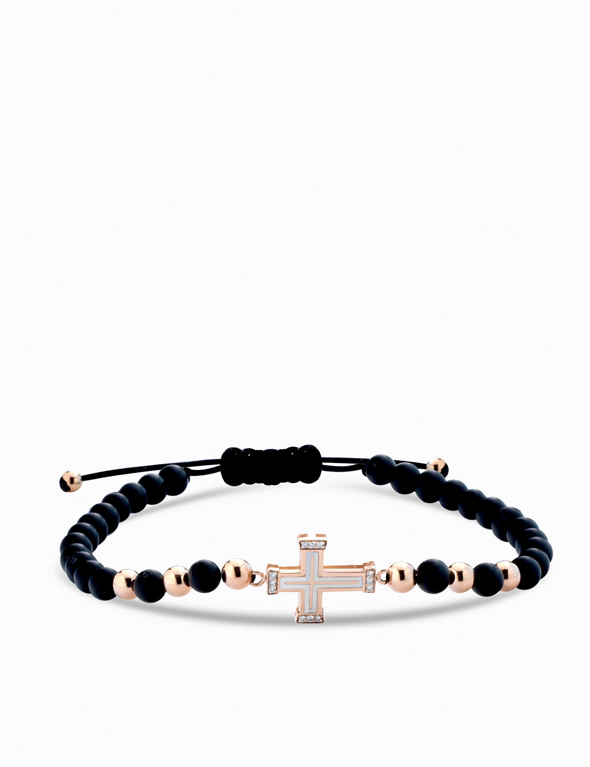 bracciale in oro rosa con croce smaltata bianca e diamanti con onice