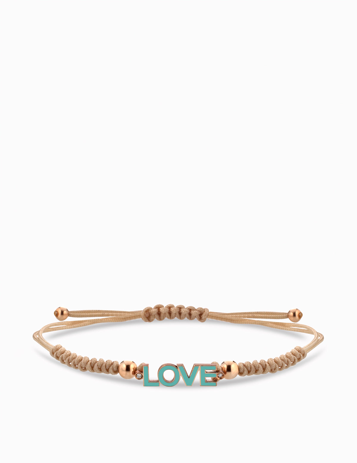 BRACCIALE CON SCRITTA LOVE SMALTATA IN ORO ROSA CON LACCIO BEIGE