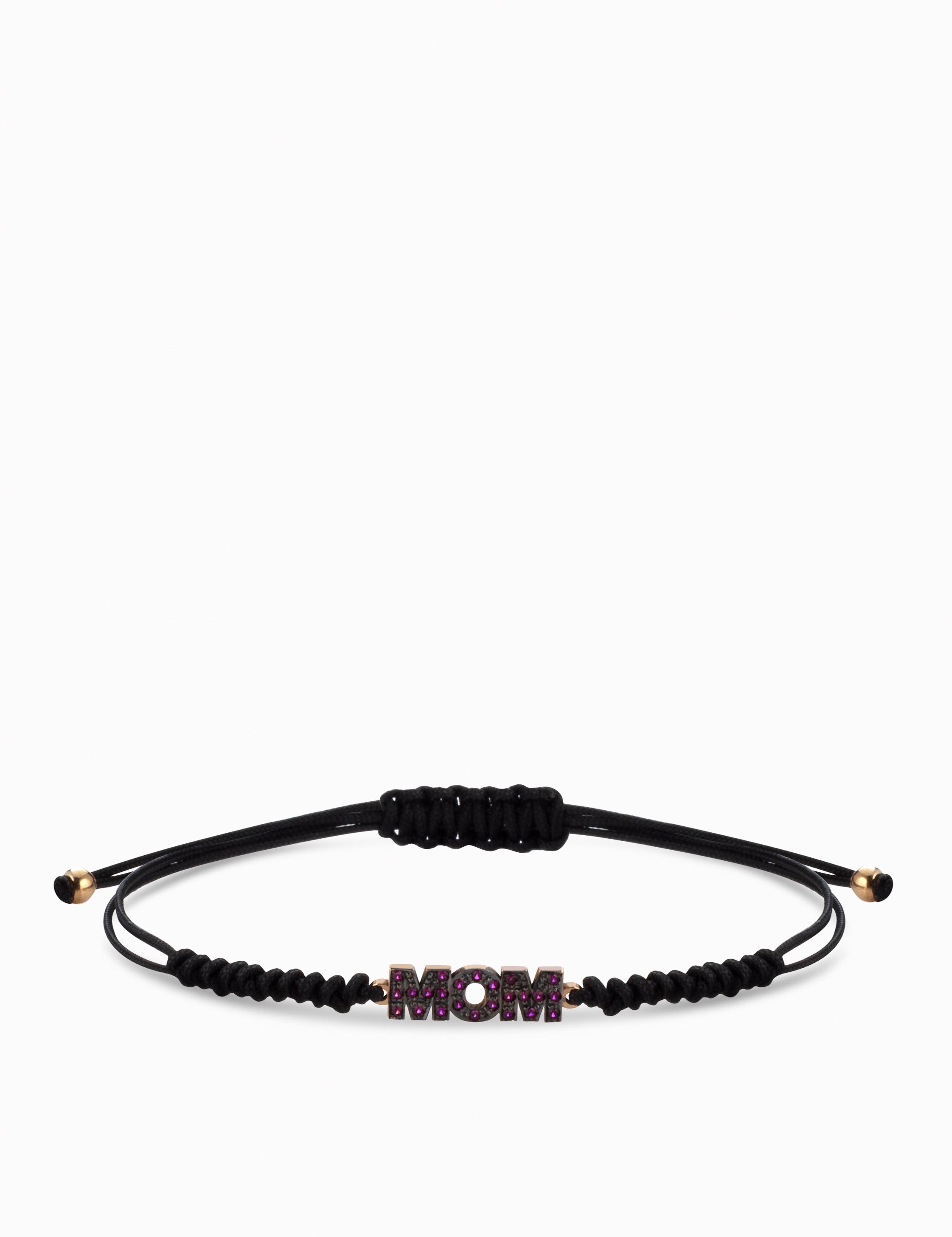 bracciale con laccio e scritta MOM con rubini