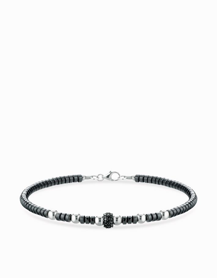 Bracciale con ematite sfere in oro bianco e rondella con diamanti neri Dalù Gioielli 