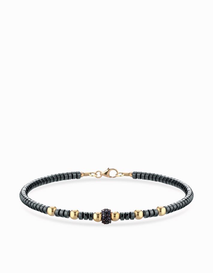 Bracciale con ematite sfere in oro giallo e rondella con diamanti neri Dalù Gioielli 