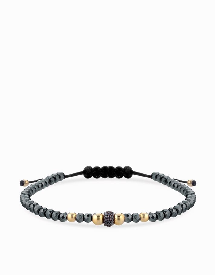 Bracciale con ematite sfere in oro giallo e rondella con diamanti neri Dalù Gioielli 