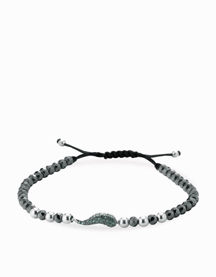 Bracciale corno di smeraldi con sfere in ematite nera e oro bianco Dalù Gioielli 