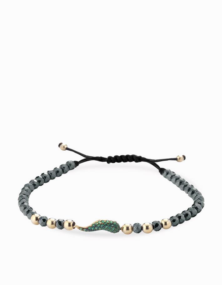 Bracciale corno di smeraldi con sfere in ematite nera e oro giallo Dalù Gioielli 