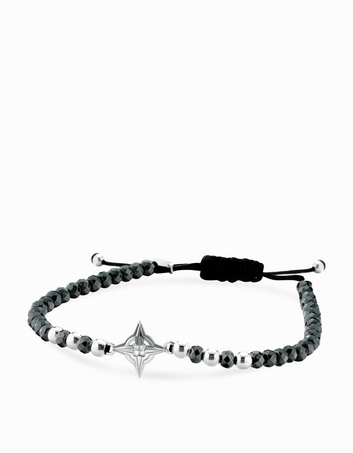 Bracciale in cordino con ematite briolè, sfere, rosa dei venti in oro bianco e diamanti Dalù Gioielli 