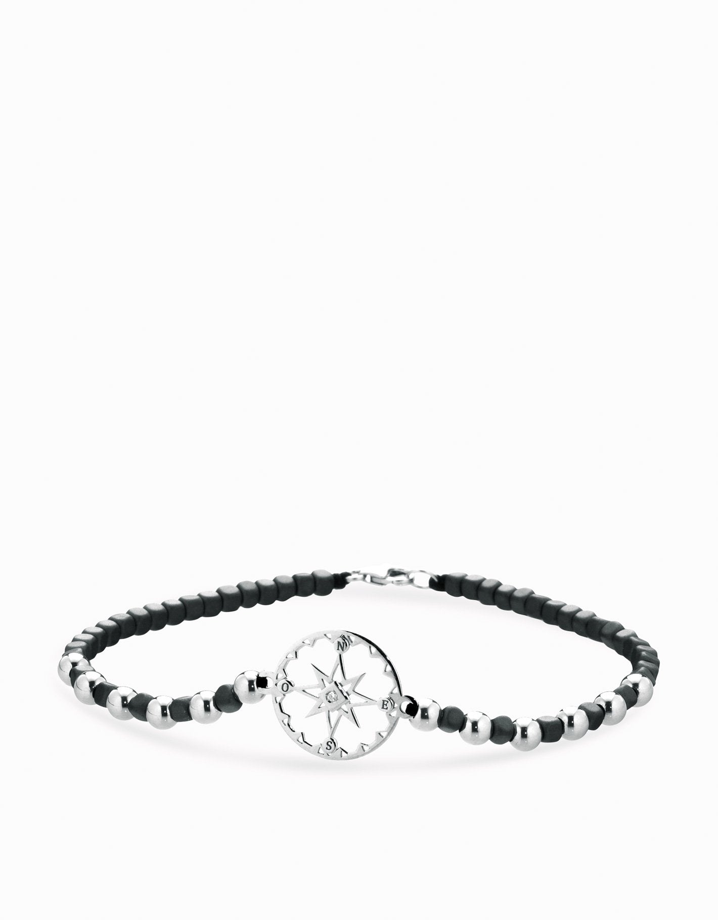 Bracciale in cordino con ematite e sfere in oro, rosa dei venti in oro bianco e diamante Dalù Gioielli 