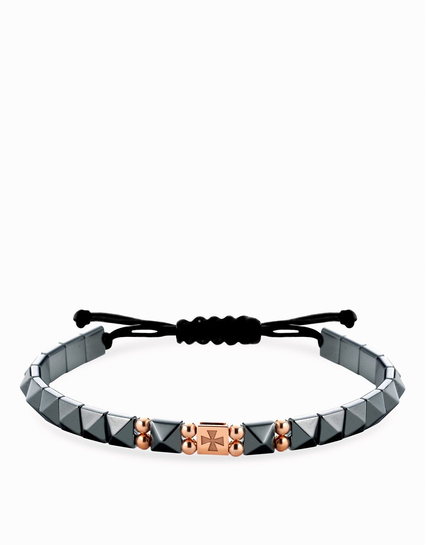 Bracciale in cordino con ematite piramidale e inserti in oro rosa croce Dalù Gioielli 