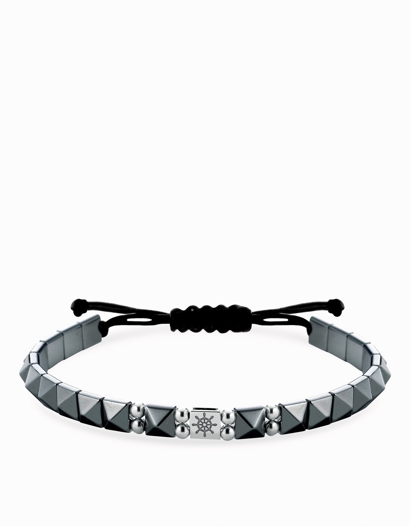 Bracciale in cordino con ematite piramidale e inserto con timone in oro bianco Dalù Gioielli 