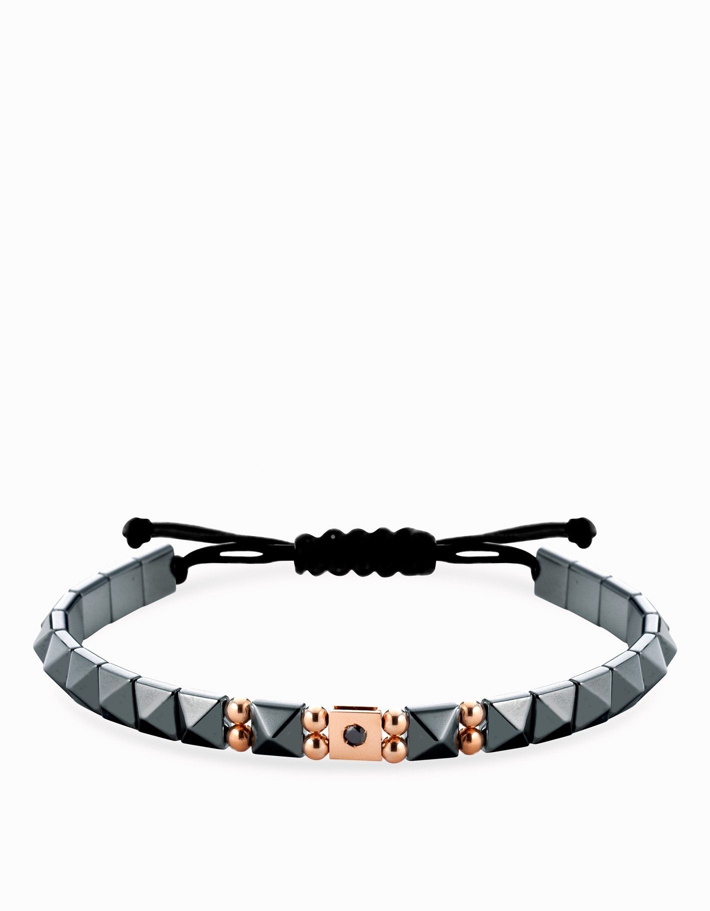 Bracciale in cordino con ematite piramidale inserti oro e diamante nero Dalù Gioielli 