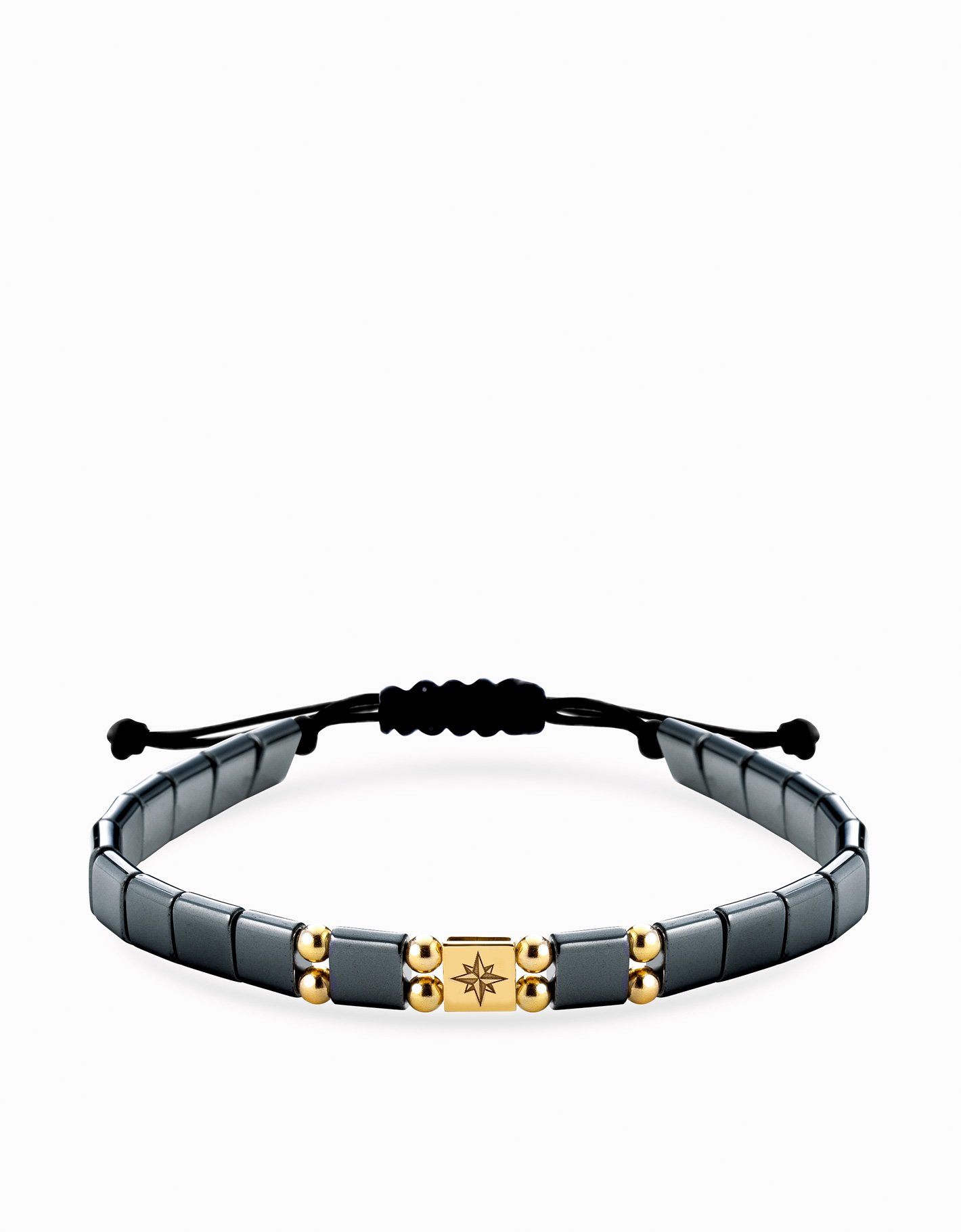 Bracciale in cordino con ematite quadrata e inserto rosa dei venti in oro giallo Dalù Gioielli 