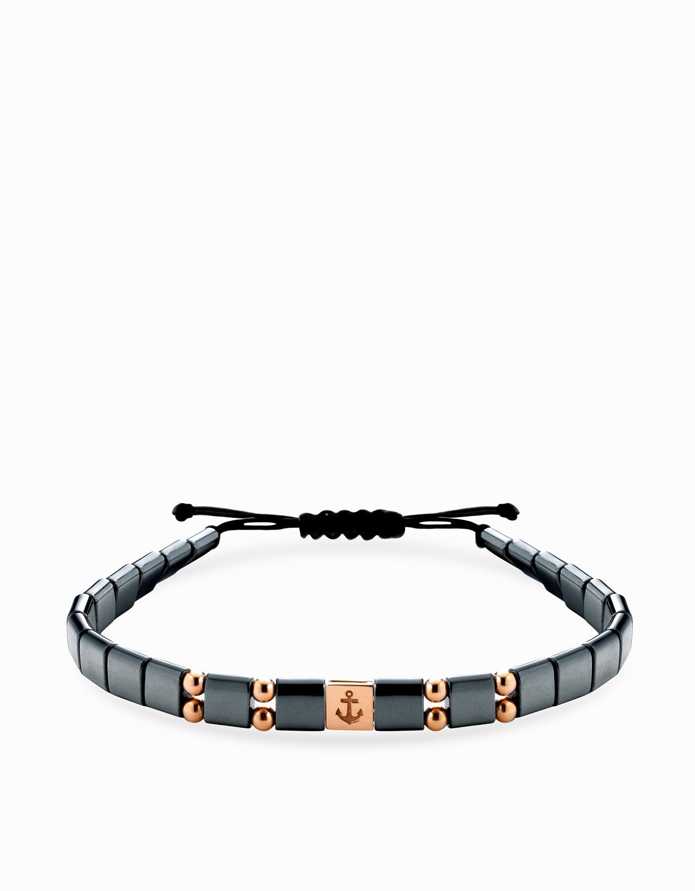 Bracciale in cordino con ematite quadrata ed inserto con ancora in oro giallo Dalù Gioielli 