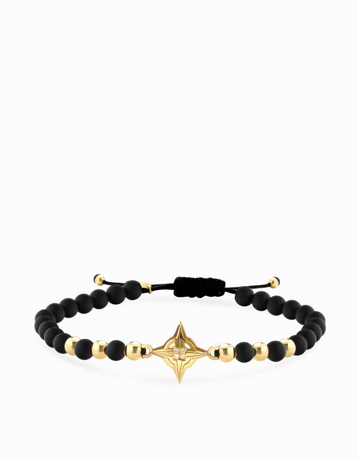 Bracciale in cordino con onice, sfere, rosa dei venti in oro giallo e diamanti Dalù Gioielli 