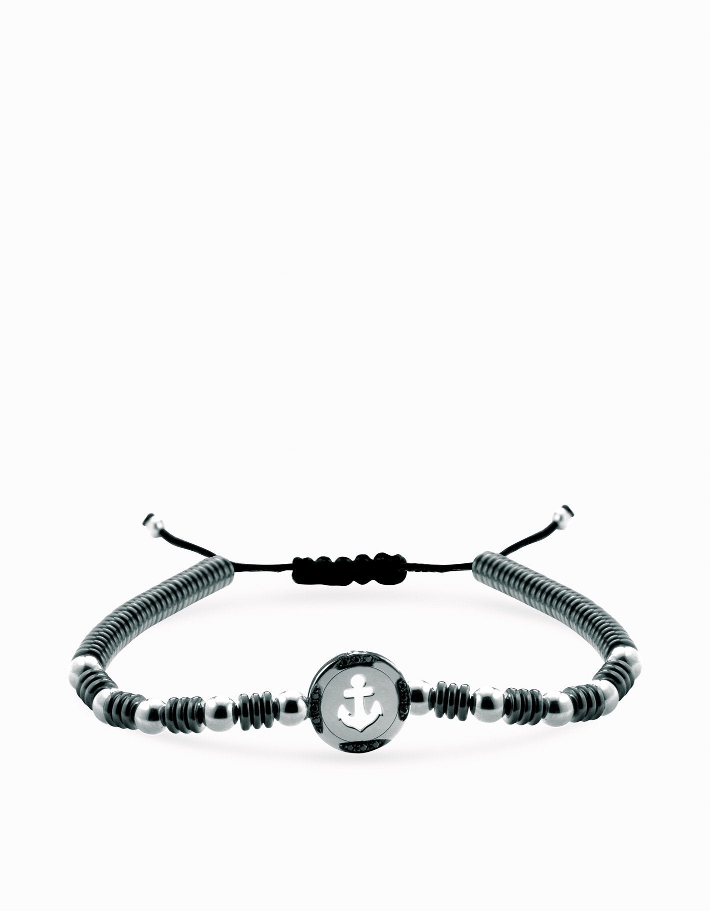 Bracciale in cordino con sfere in ematite e sfera centrale ancora in oro bianco e diamanti neri Dalù Gioielli 