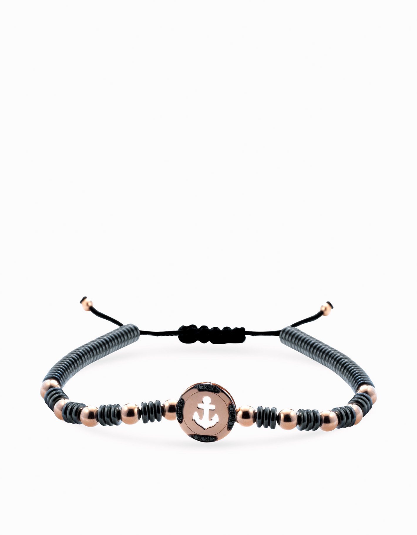 Bracciale in cordino con sfere in ematite e sfera centrale ancora in oro rosa e diamanti neri Dalù Gioielli 