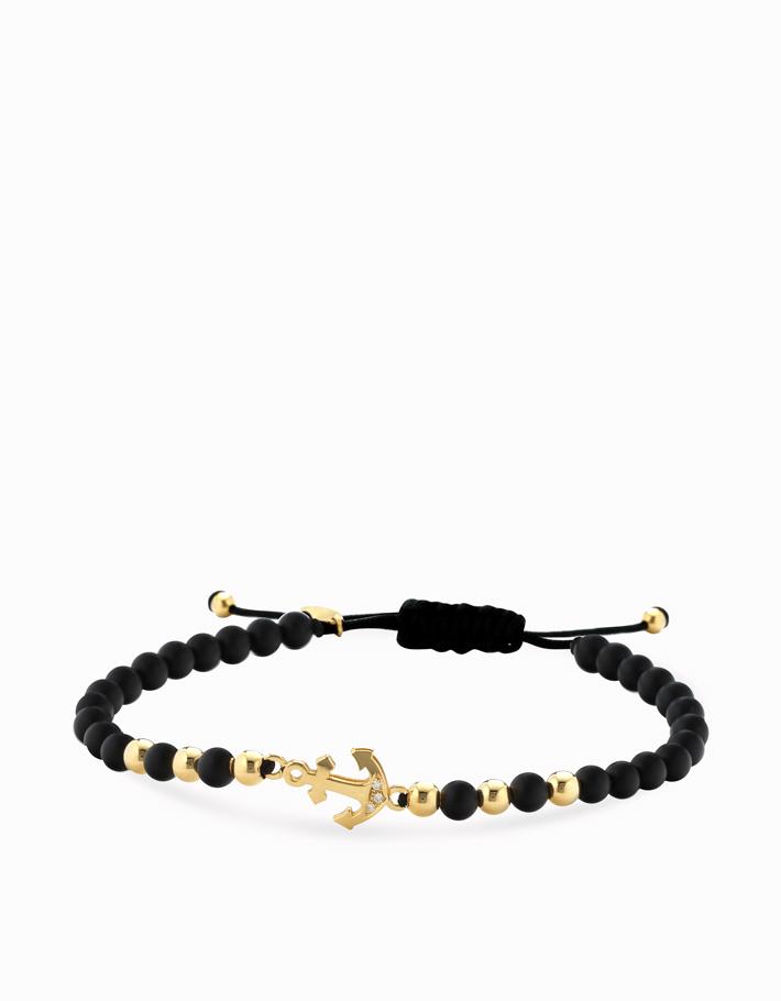 Bracciale in cordino con sfere in onice e oro giallo, ancora e diamanti Dalù Gioielli 