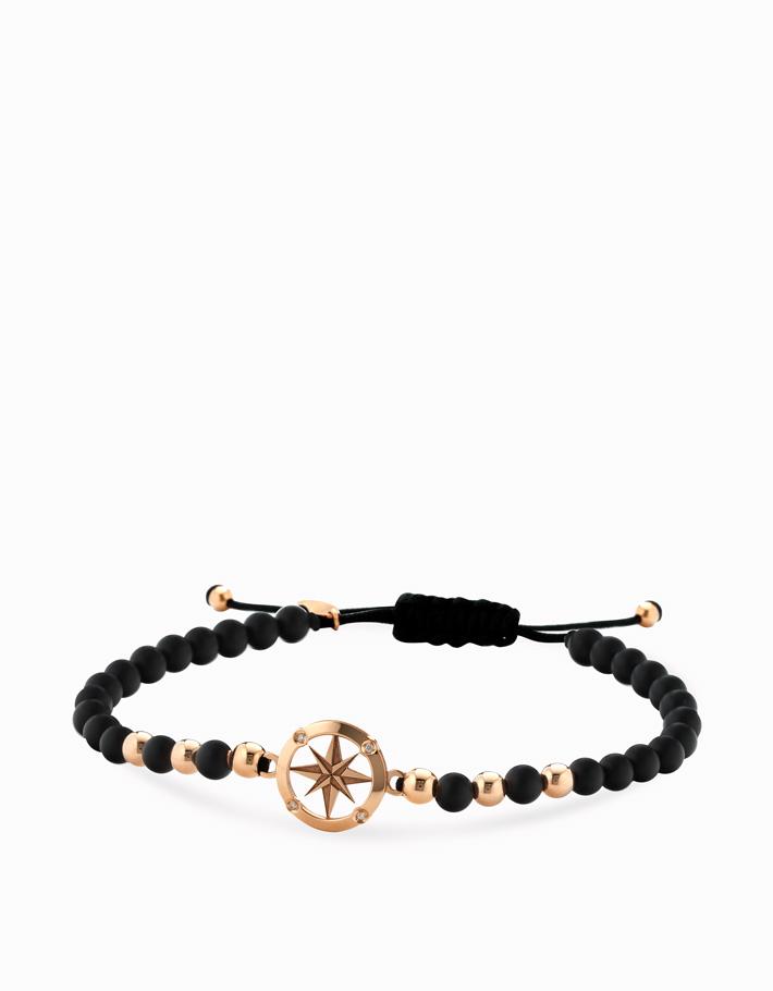 Bracciale in cordino con sfere in onice e oro rosa, rosa dei venti e diamanti Dalù Gioielli 