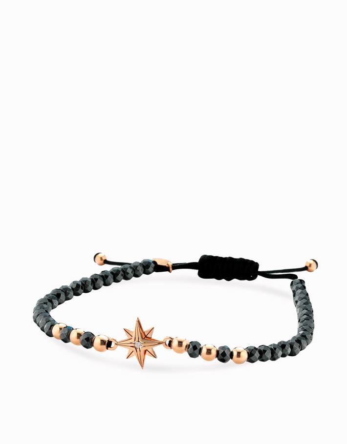 Bracciale in cordino ematite briolè, sfere, rosa dei venti in oro rosa e diamante Dalù Gioielli 