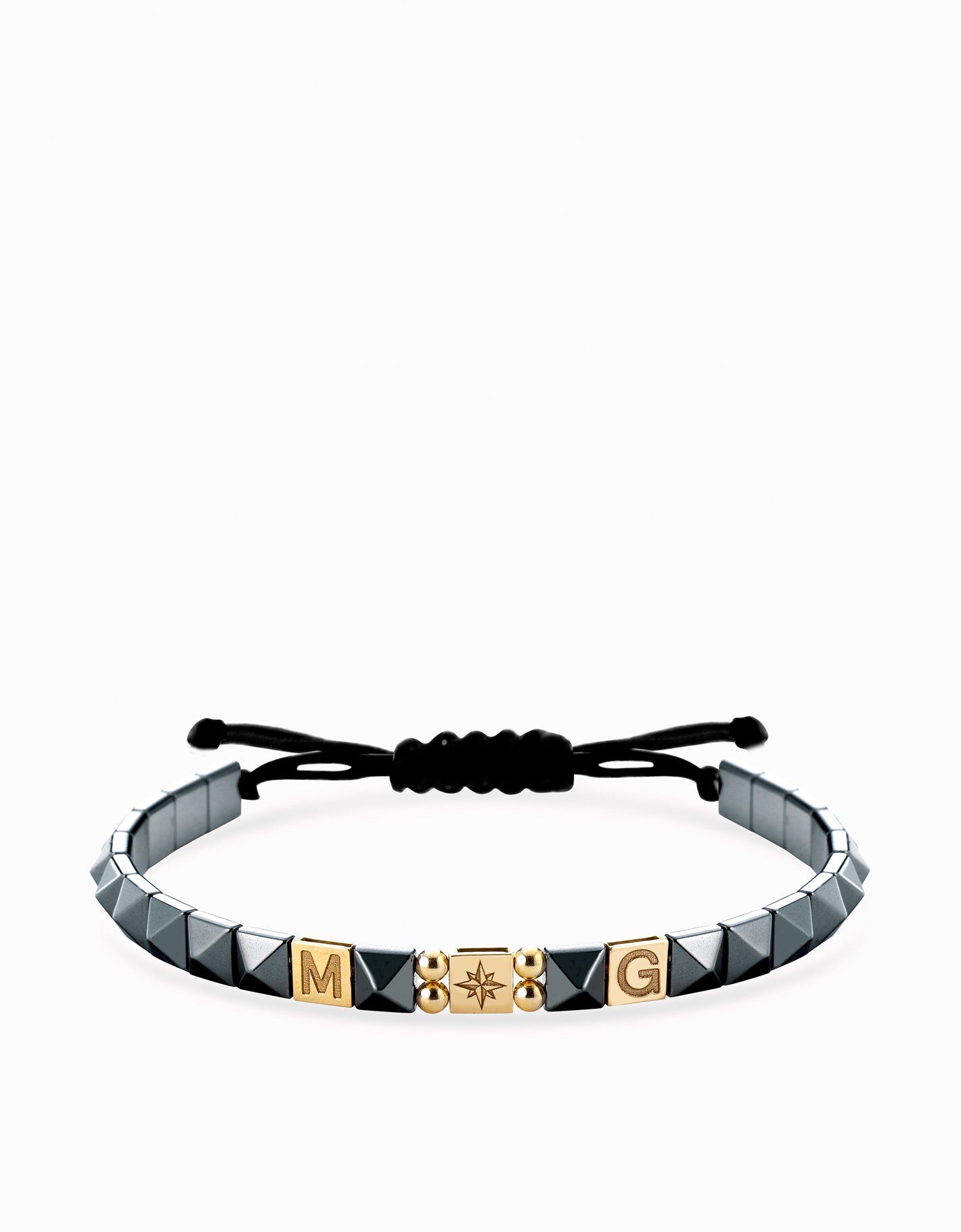 Bracciale in cordino personalizzabile con ematite piramidale e inserti in oro giallo rosa dei venti Dalù Gioielli 