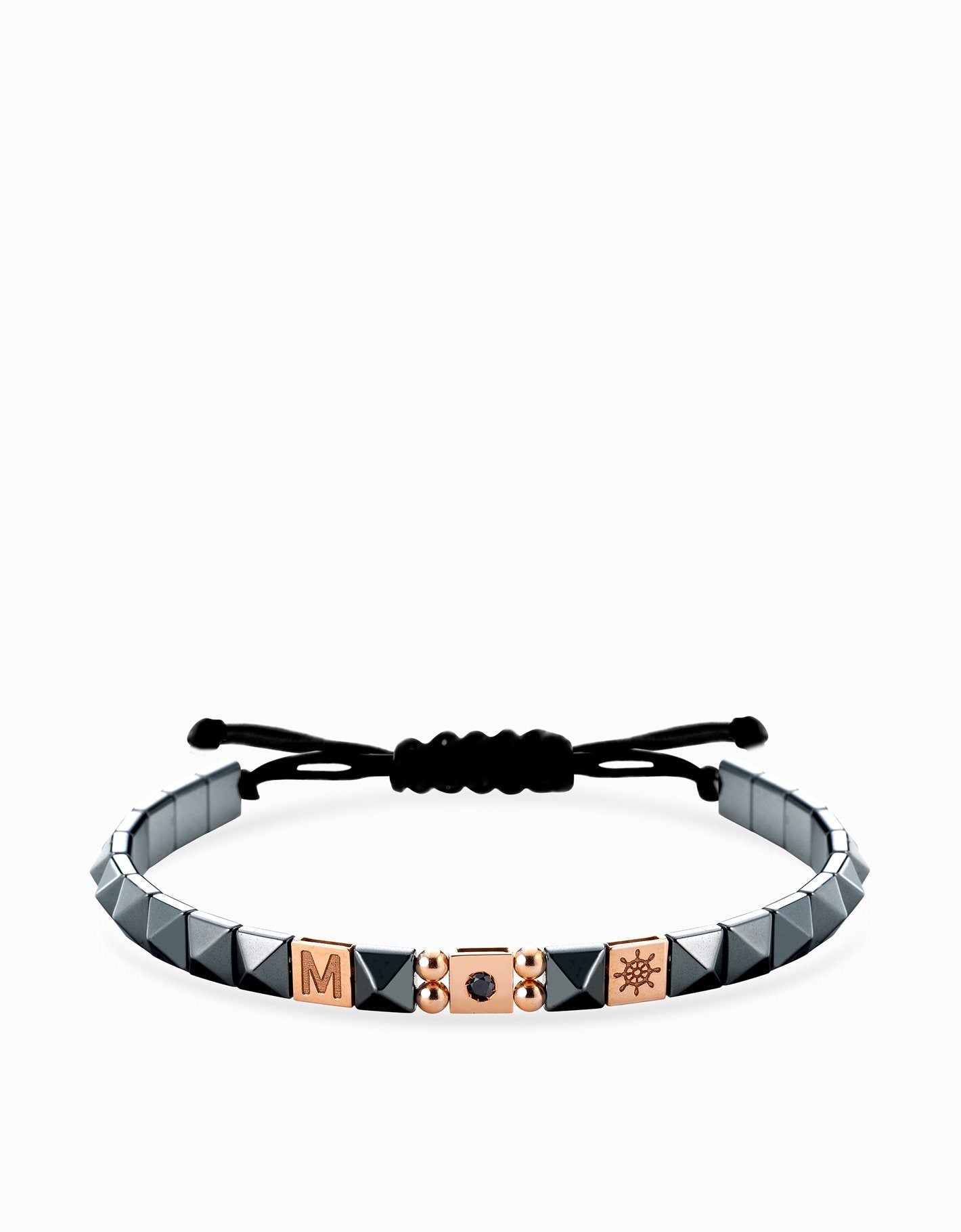 Bracciale in cordino personalizzabile con ematite piramidale inserti in oro e diamante nero Dalù Gioielli 