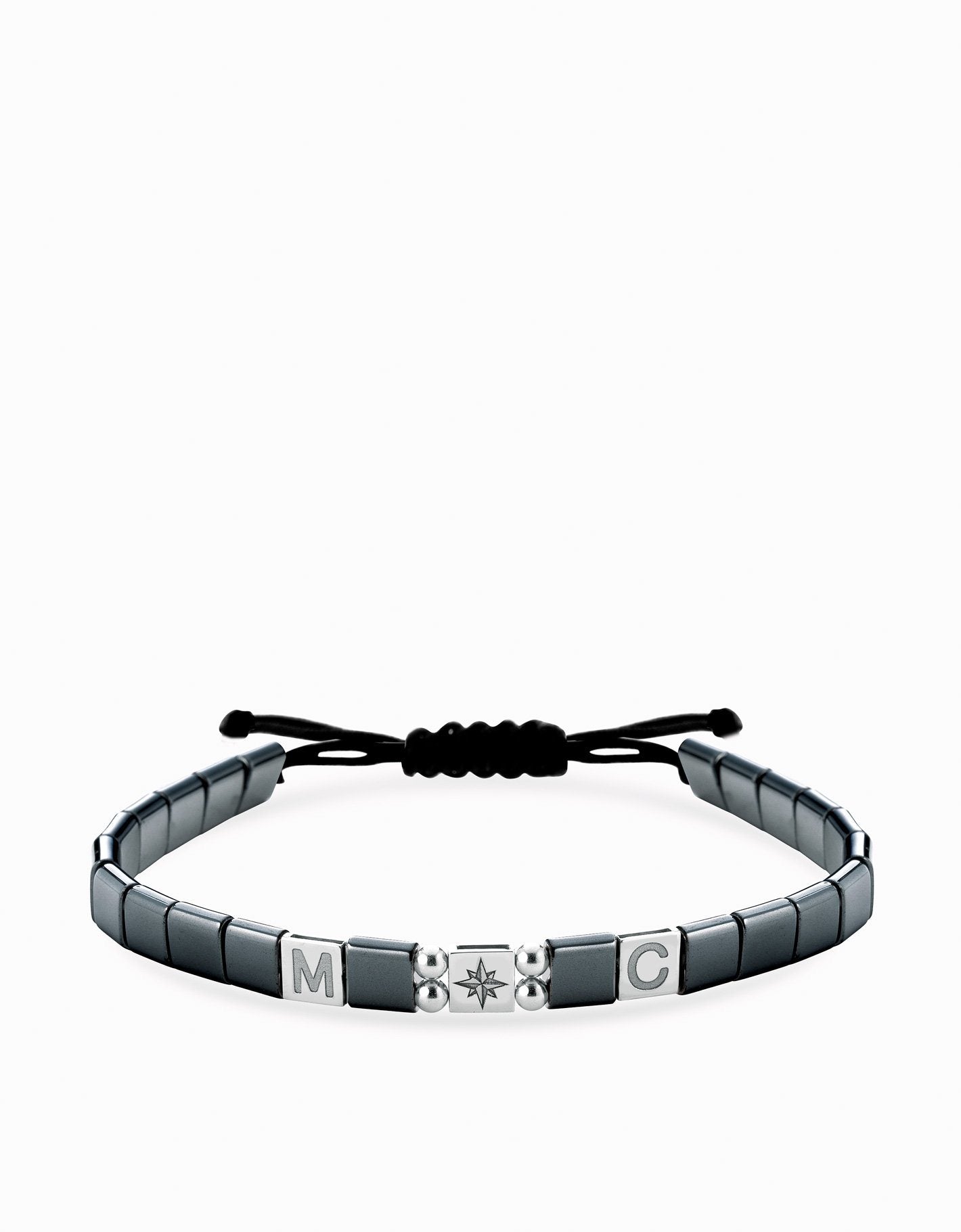 Bracciale in cordino personalizzabile con ematite quadrata e inserti in oro bianco rosa dei venti Dalù Gioielli 