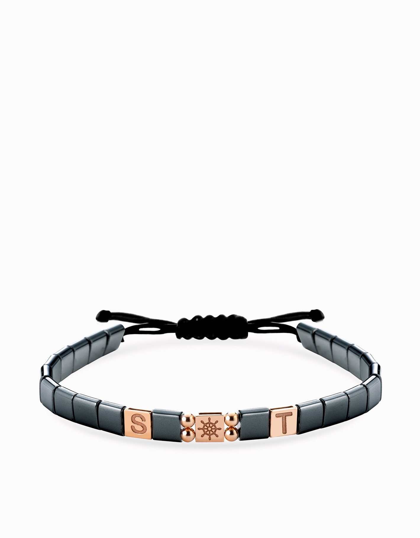 Bracciale in cordino personalizzabile con ematite quadrata e inserti in oro rosa timone Dalù Gioielli 